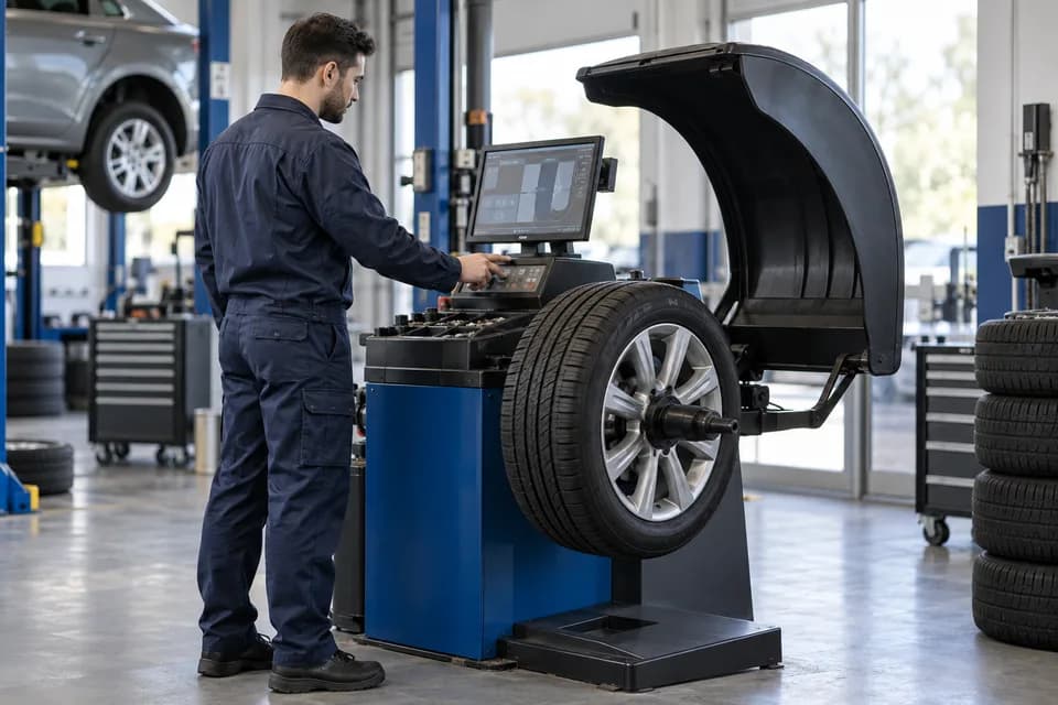 Balans makinesinde otomobil lastiğini kontrol eden teknisyen